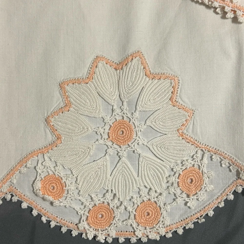 Vintage Pair of Pillowcases‎ with Peach and White Crochet Inset and Trim